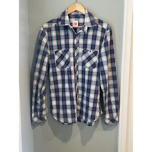 Lacoste LIVE Mens Plaid Button Down Shirt Blue Red White‎ Elbow Patches Size 40